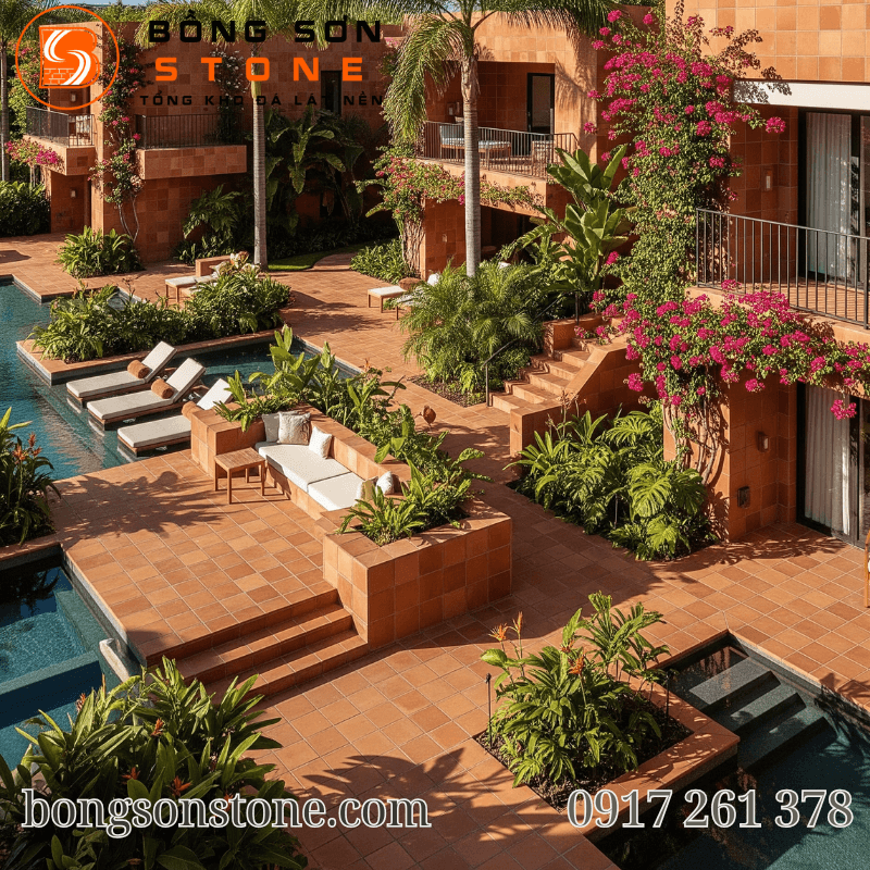 Ứng Dụng Gạch Đất Nung Trong Thiết Kế Sân Vườn, Tường Cổ, Resort Nghỉ Dưỡng 5 Khu vực bể bơi tại resort với nền lát gạch đất nung và tường trang trí.