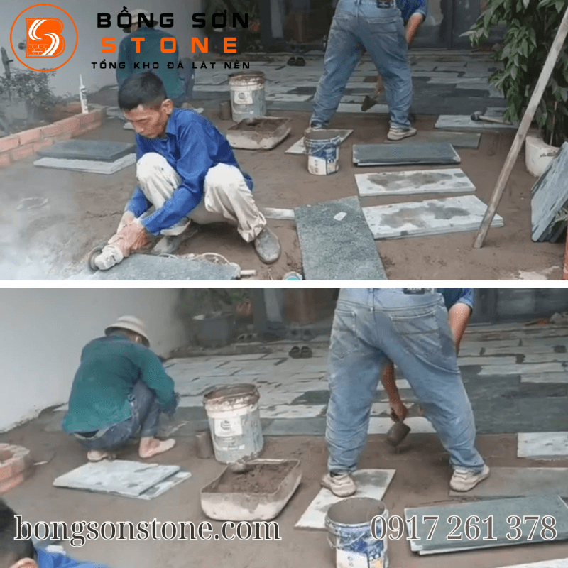 Thi công đá băm xanh 30x60x1.8cm lát sân cho nhà phố, biệt thự, khuôn viên 4 Việc thi công đá băm xanh cần được thực hiện đúng quy trình để đảm bảo độ bền