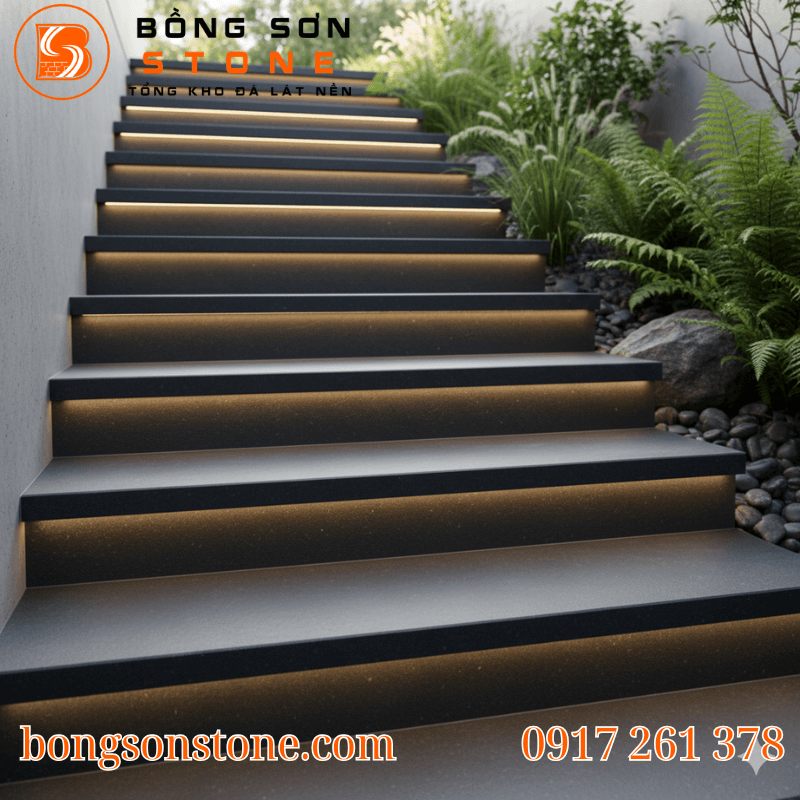 Đá Bazan Mài Honed ốp cầu thang tăng tính thẩm mỹ