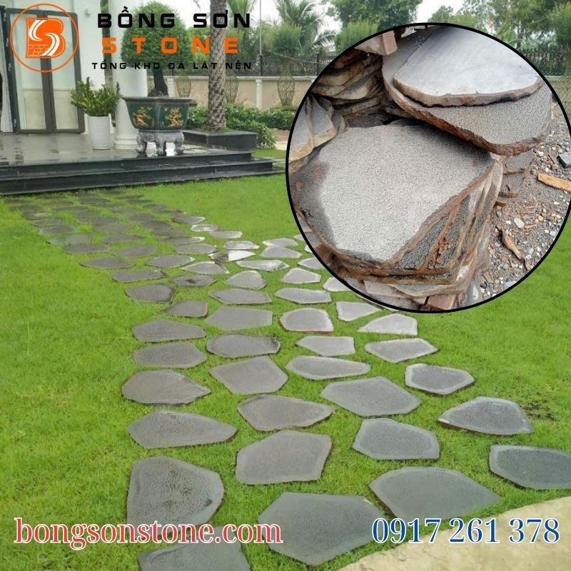 Đá thớt lát lối đi sân vườn hình tròn tự nhiên giữa thảm cỏ xanh