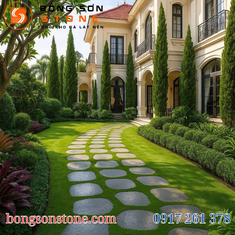 Đá lát sân vườn trồng cỏ đẹp – Giải pháp trang trí sân vườn tự nhiên bền vững 2 Đá lát sân vườn trồng cỏ được ứng dụng rộng rãi trong lối đi sân vườn, biệt thự, nghỉ dưỡng