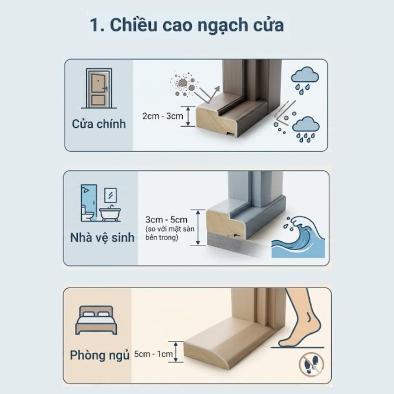 Chiều cao ngạch cửa cần được tính toán hợp lý để đảm bảo tính thẩm mỹ, thuận tiện khi di chuyển