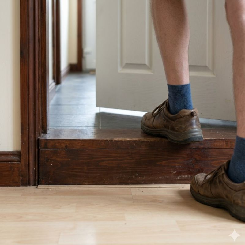   Hình ảnh các lỗi phổ biến như ngạch cửa quá cao, sai kích thước hoặc thi công không đúng kỹ thuật.