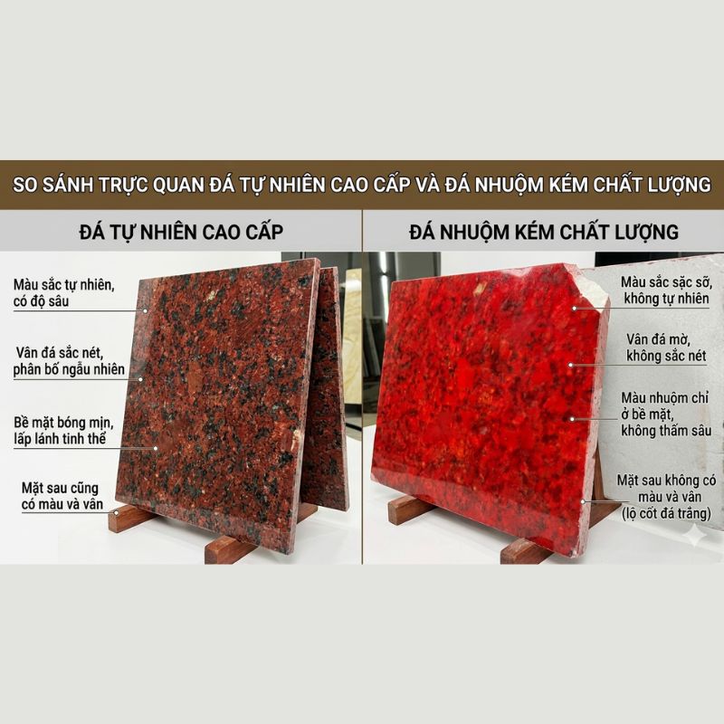 Bí quyết nhận biết đá ốp kém chất lượng và đá tốt khi xây nhà 3 Hình ảnh so sánh trực quan giữa mẫu đá tự nhiên cao cấp và đá nhuộm kém chất lượng trên thị trường.