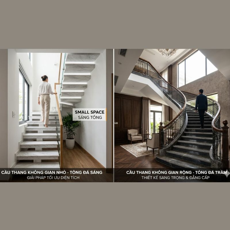So sánh hai mẫu cầu thang: một sử dụng đá tông sáng cho không gian nhỏ và một dùng tông trầm cho không gian rộng