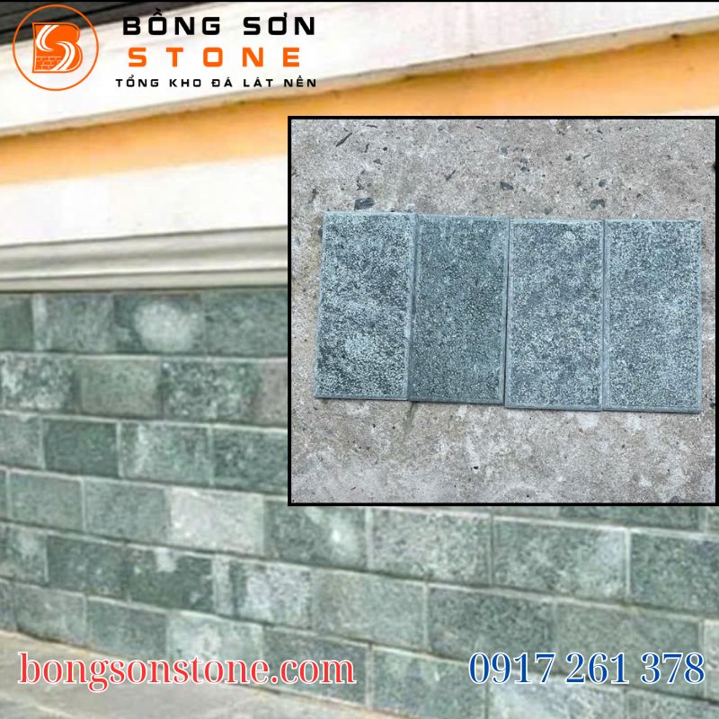Những mảng tường ốp đá băm xanh soi cạnh tạo nên sự bề thế, giúp không gian ngoại thất trở nên đồng bộ