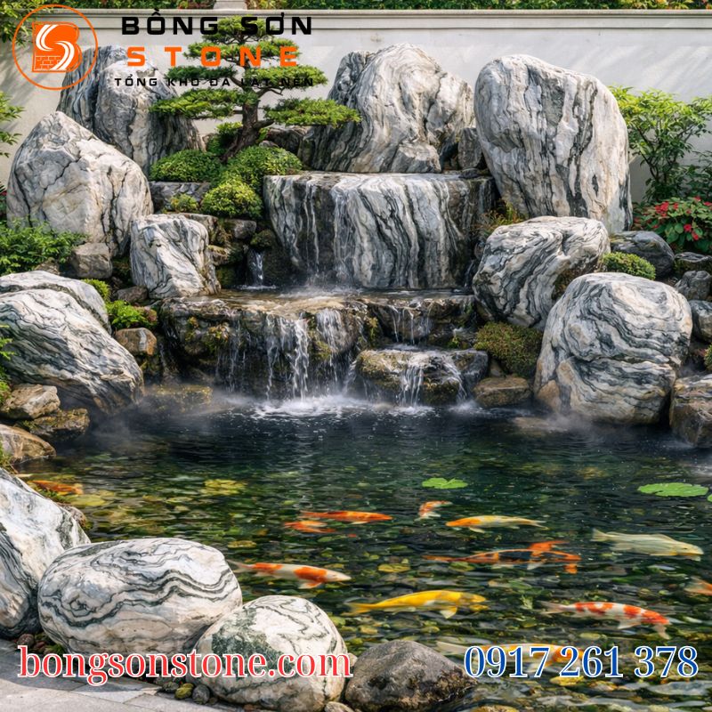     Đá cuội vân mây TP.HCM trang trí hồ cá Koi và hòn non bộ sân vườn