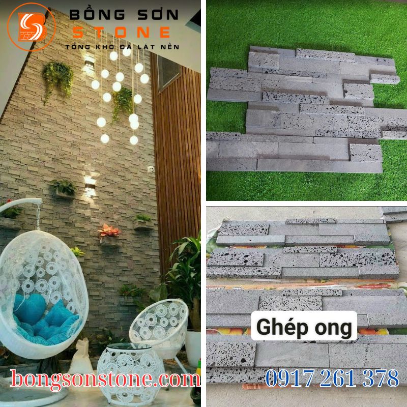 Đá ghép được chế tác bằng cách gắn kết các thanh đá nhỏ có độ dày khác nhau