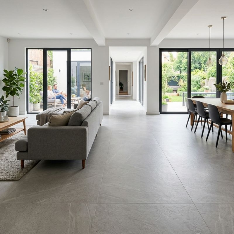    Sàn gạch liền mạch không dùng ngạch cửa tạo không gian rộng rãi và đồng bộ hiện đại