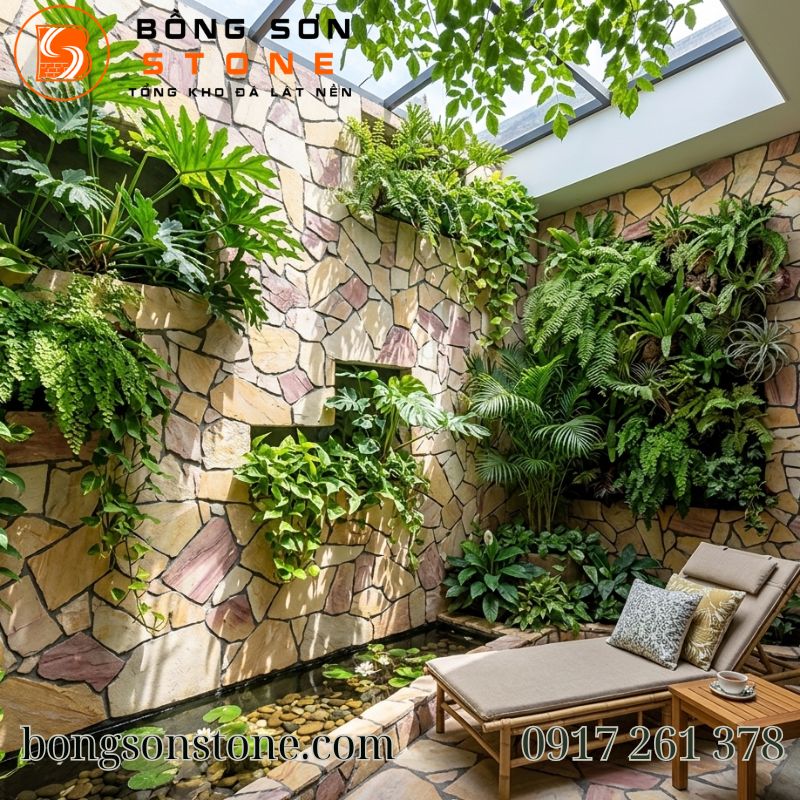 Mẫu đá ốp giếng trời kết hợp cây xanh tạo không gian thư giãn gần gũi thiên nhiên