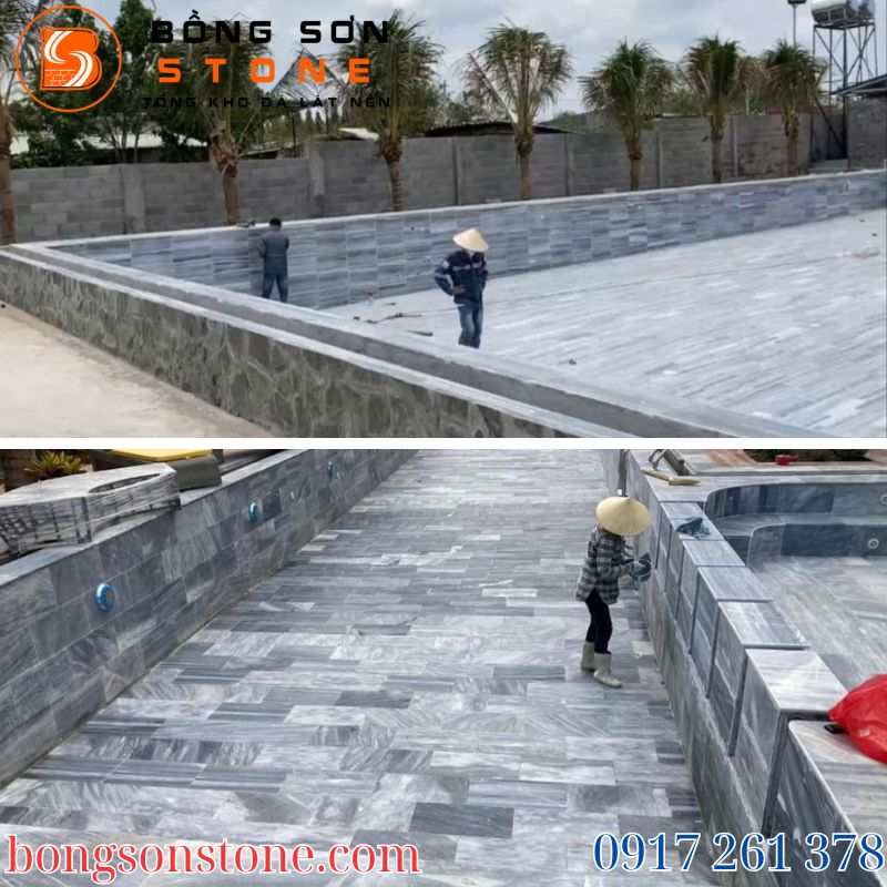 Thi công đá tự nhiên cho hồ bơi đòi hỏi kỹ thuật cao để hạn chế tình trạng thấm nước hoặc bong tróc trong quá trình sử dụng