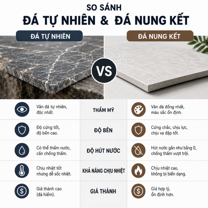 Chọn Đá Tự Nhiên Hay Đá Nung Kết? Ưu Nhược Điểm Chi Tiết 4 Bảng so sánh đá tự nhiên và đá nung kết