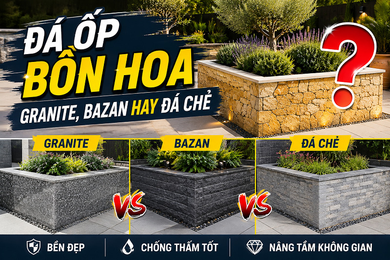 Đá ốp bồn hoa góp phần tạo không gian xanh ấn tượng, nâng cao giá trị thẩm mỹ cho quán cà phê và nhà hàng sân vườn.