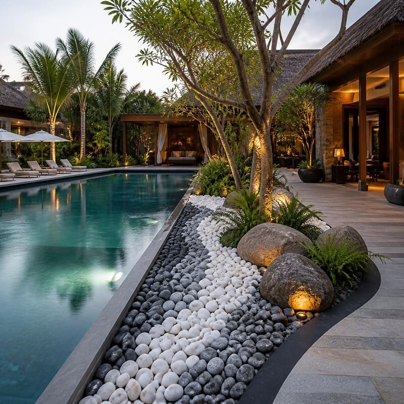    Đá tảng tự nhiên tạo điểm nhấn mạnh mẽ cho khuôn viên resort rộng rãi
