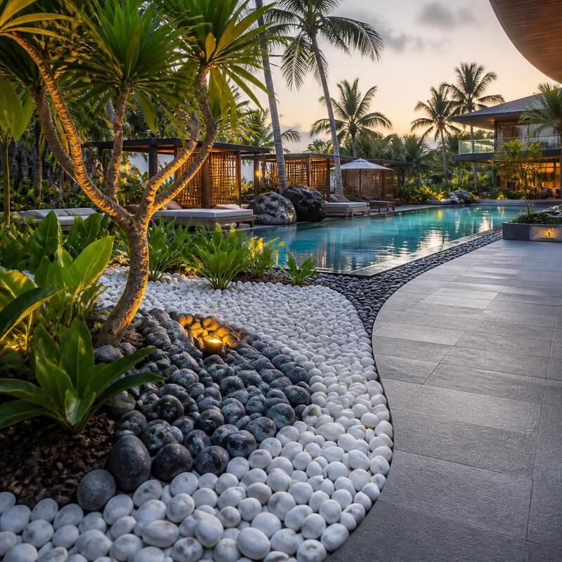 Kết hợp đá sỏi trang trí resort, cây xanh và vật liệu cảnh quan tạo tổng thể resort hài hòa