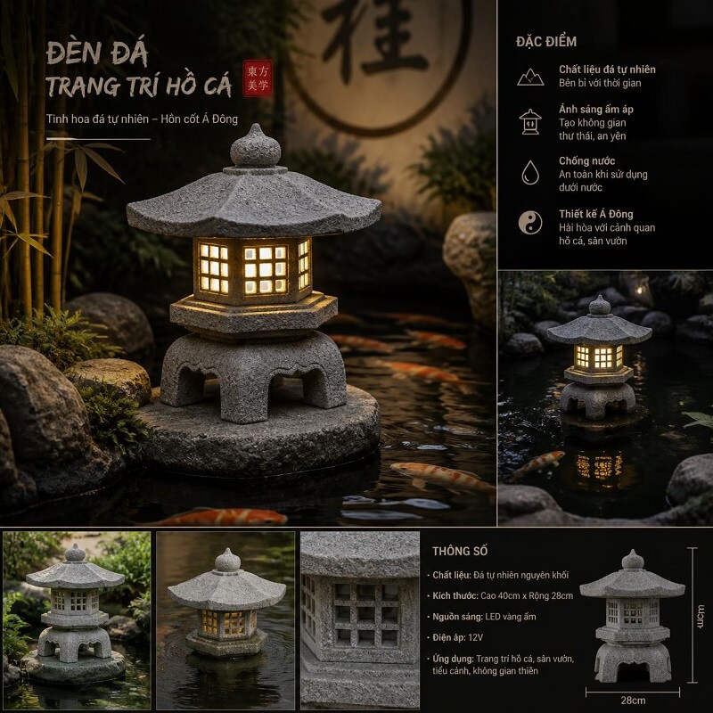 Đèn đá đặt ven hồ cá Koi tạo điểm sáng ấn tượng, tôn lên vẻ đẹp của mặt nước và cảnh quan sân vườn.