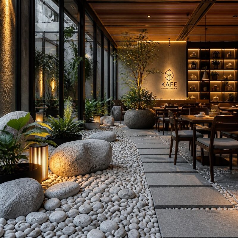 Toàn cảnh không gian quán cafe sân vườn kết hợp sỏi trang trí màu trắng và xám ngọc