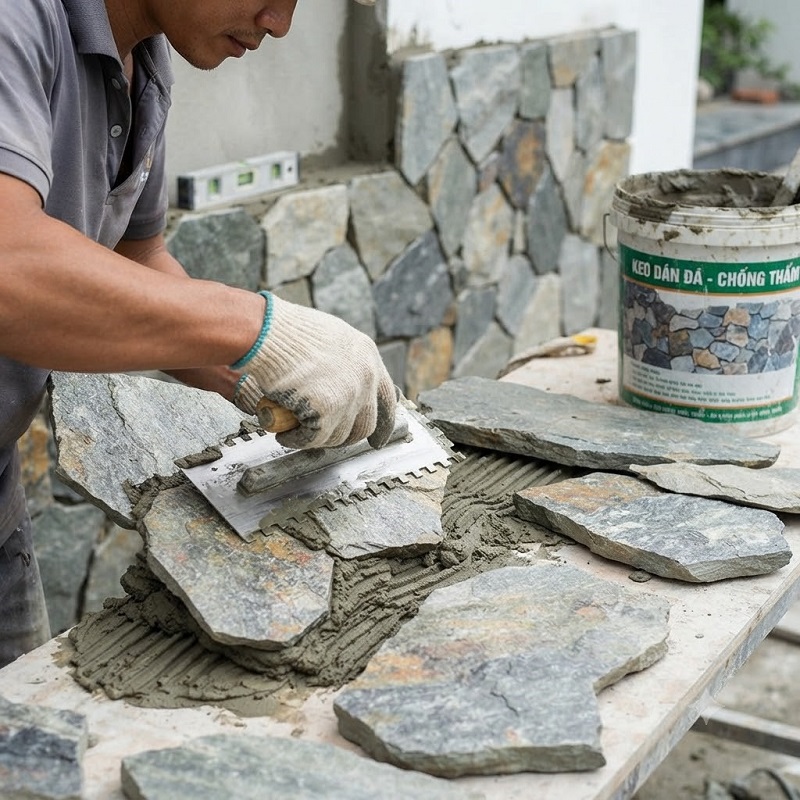 Khu vực ngoại thất sang trọng với đá rối ốp chân tường làm điểm nhấn, minh chứng cho khả năng phối hợp tuyệt vời của vật liệu tự nhiên này với các yếu tố kiến trúc hiện đại.