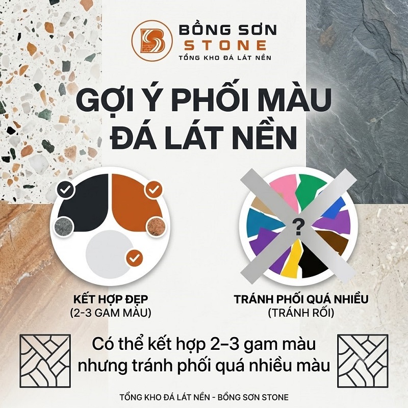 Đá lát nền, phối màu đá lát nền, kết hợp đá lát nền, gam màu đá lát nền, không gian sang trọng, hài hòa.