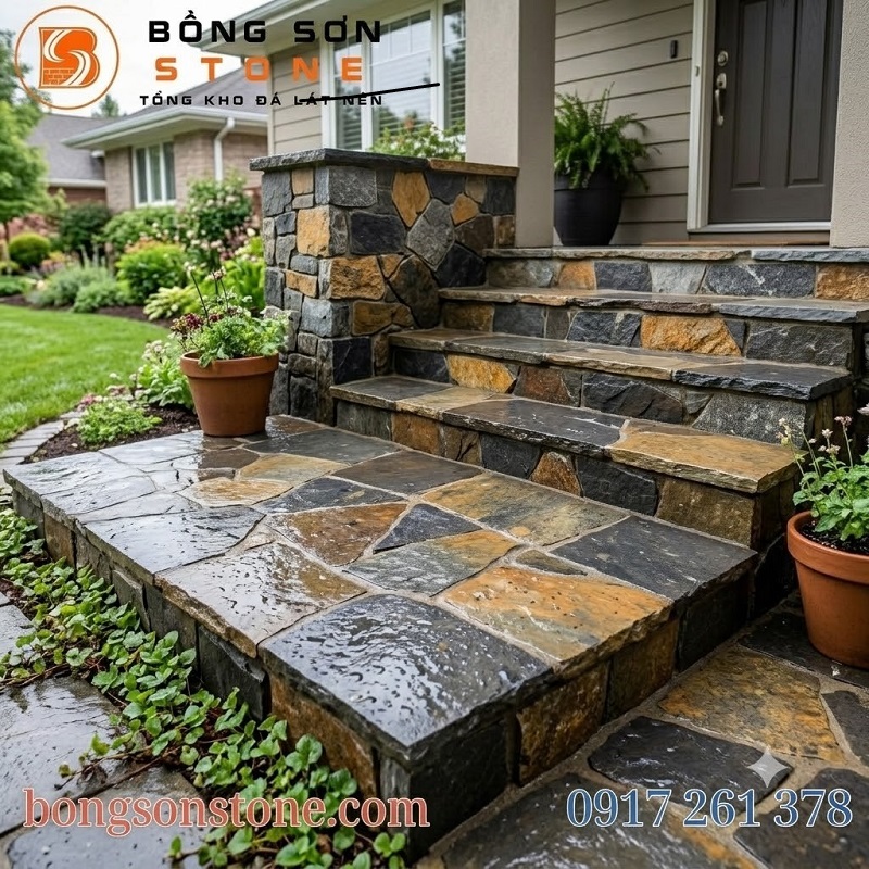 Tam Cấp Nên Dùng Đá Gì? So Sánh Đá Granite, Đá Xanh Và Đá Bazan 3 Bậc thềm trước nhà nên chọn đá gì? Hình ảnh thực tế bậc tam cấp ốp đá tự nhiên bền đẹp, chịu lực tốt, tôn vinh kiến trúc không gian sống.