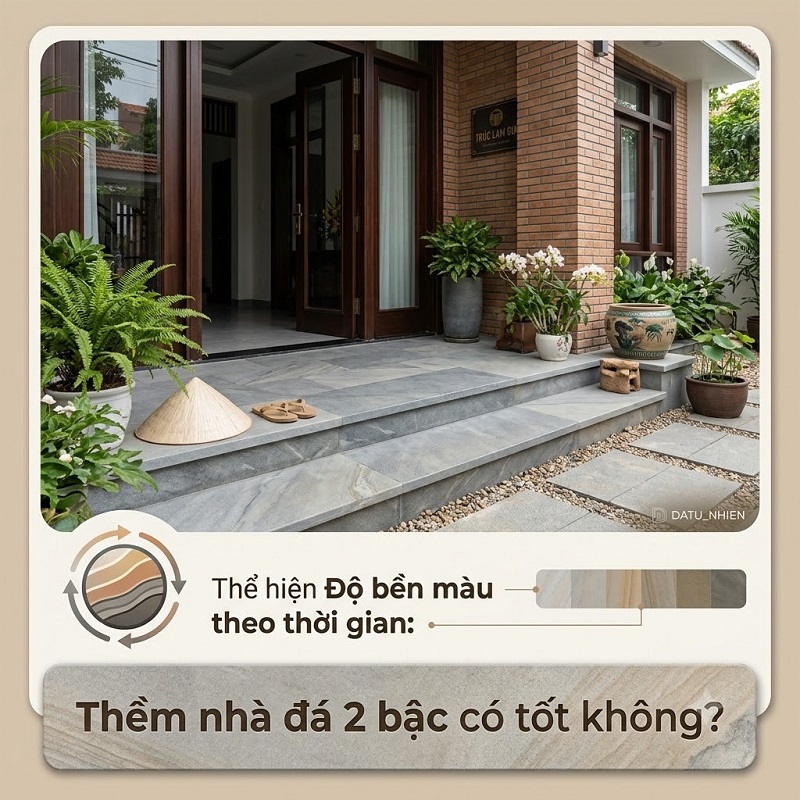 Thềm đá 2 bậc với bề mặt xử lý chuyên dụng, hạn chế trơn trượt khi ẩm ướt tuyệt đối! 