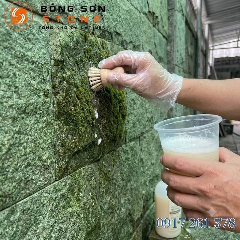 Hướng dẫn cách xử lý rêu mốc trên đá ốp lát đơn giản bằng nước sạch và xà phòng trung tính pha loãng.
